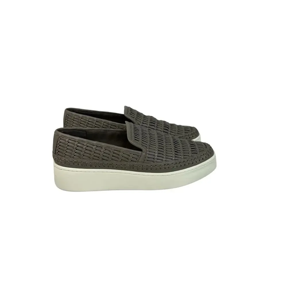 VINCE Stafford Woven Leather Slip-On Sneakers  Grey Platform Shoes Sz 8